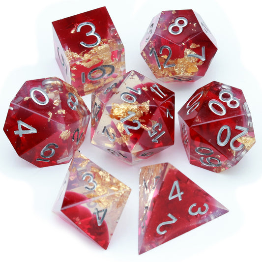 red sharp edge dnd dice set resin dice by haxtec