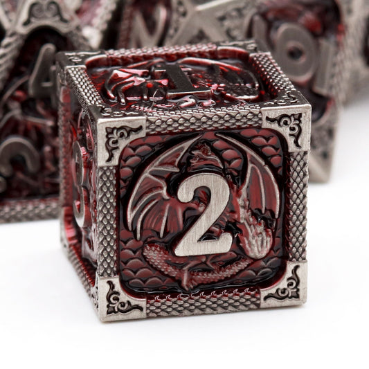 Haxtec Fire-breathing Dragon Pattern Antique Iron Red Metal DND Dice Set With Leather Dice Bag for Dungoens and Dragons RPG Gifts