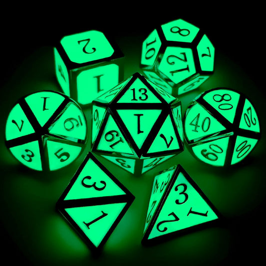 Metal dnd dice set glow in the dark silver green