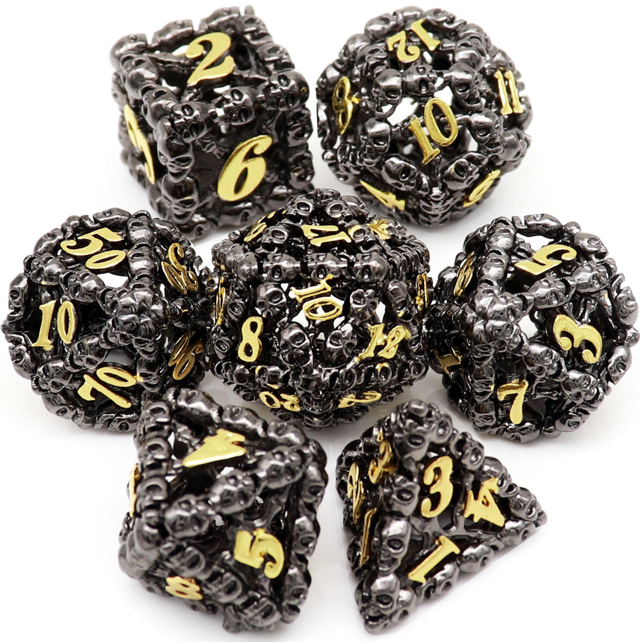 black gold metal dice hollow skull dice set