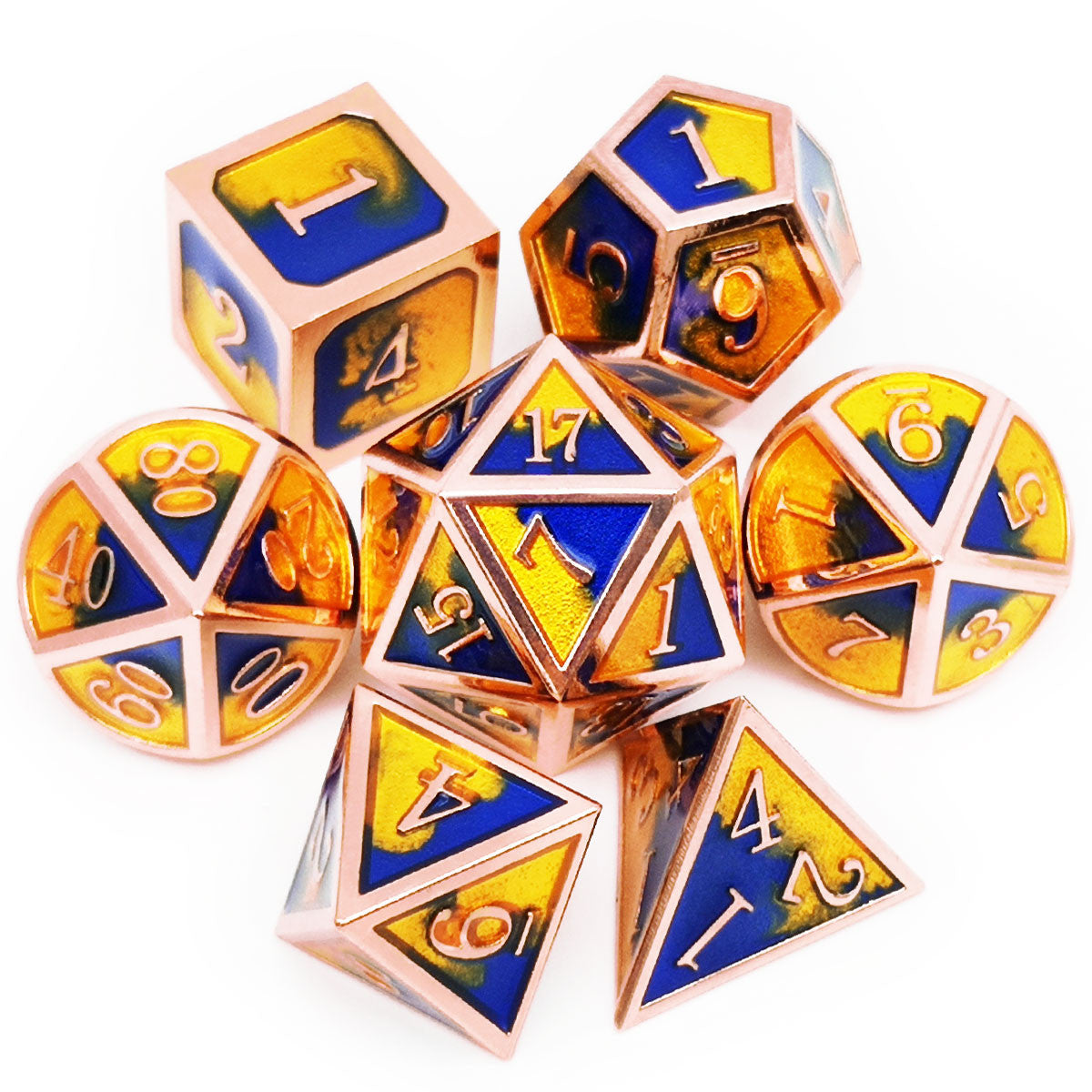 copper dice, blue gold dice, metal dice