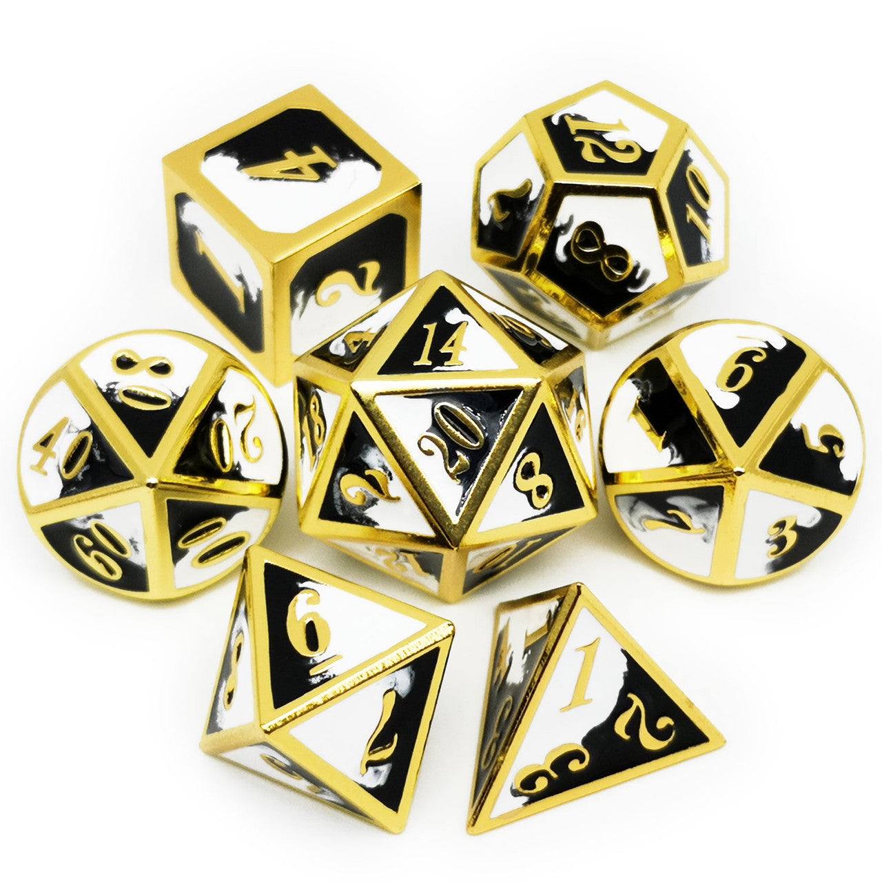 gold metal dice, black white dice, black dice, white dice