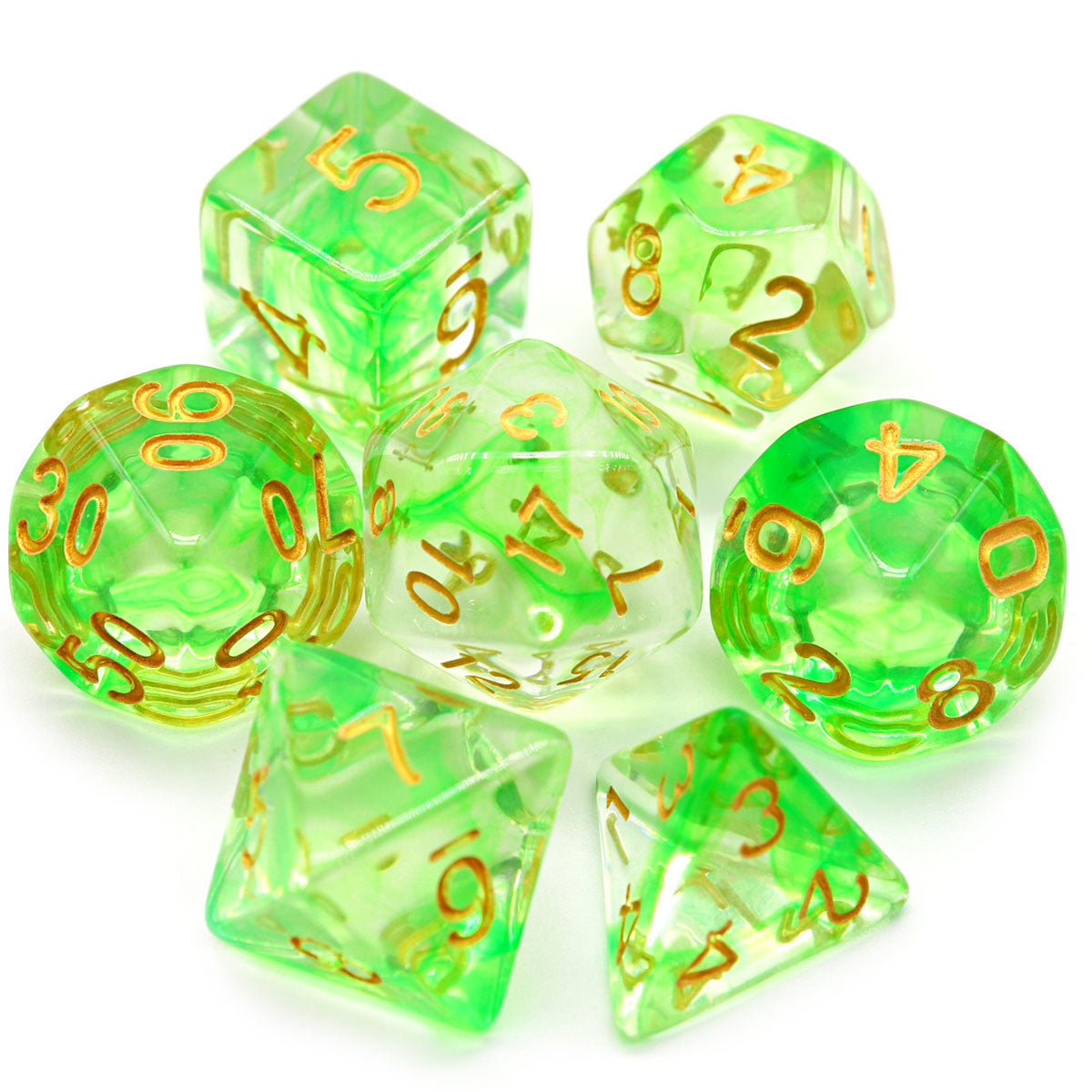 green dice, vapor dice, wisp dice, ink dice clear dice, swirl dice, dnd dice, rpg dice, polyhedral dice