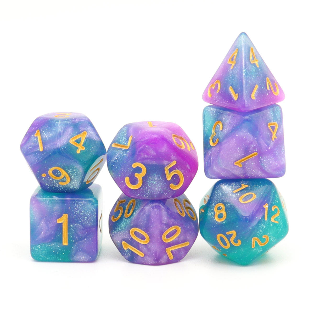 baby blue dice, purple blue dice set, glitter dice, dnd dice, dice set, blue dice, purple dice