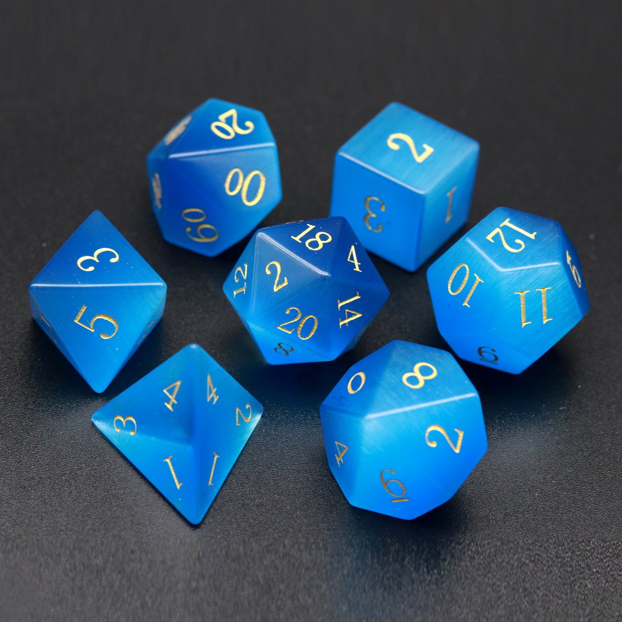 water blue cat eye gemstone dnd dice set