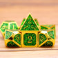 gold glitter metal dice, green glitter dice, gold metal dice, metal dnd dice, polyhedral metal dice