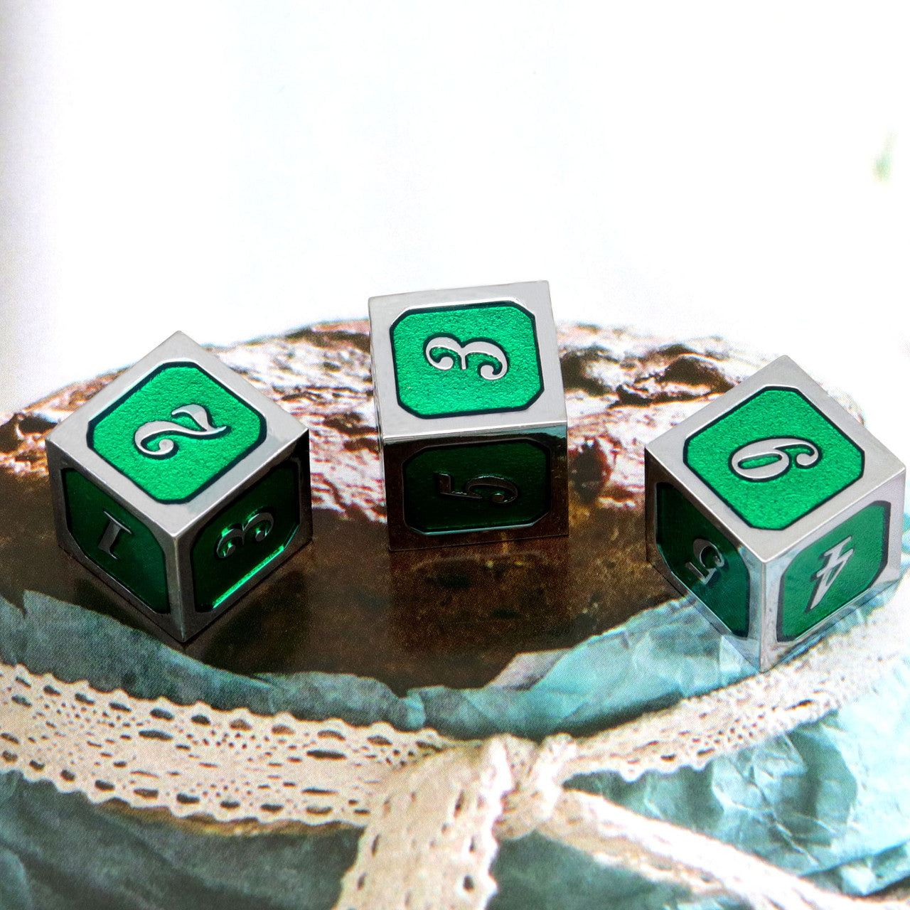 silver green metal dice, metal d6 die, haxtec metal dice