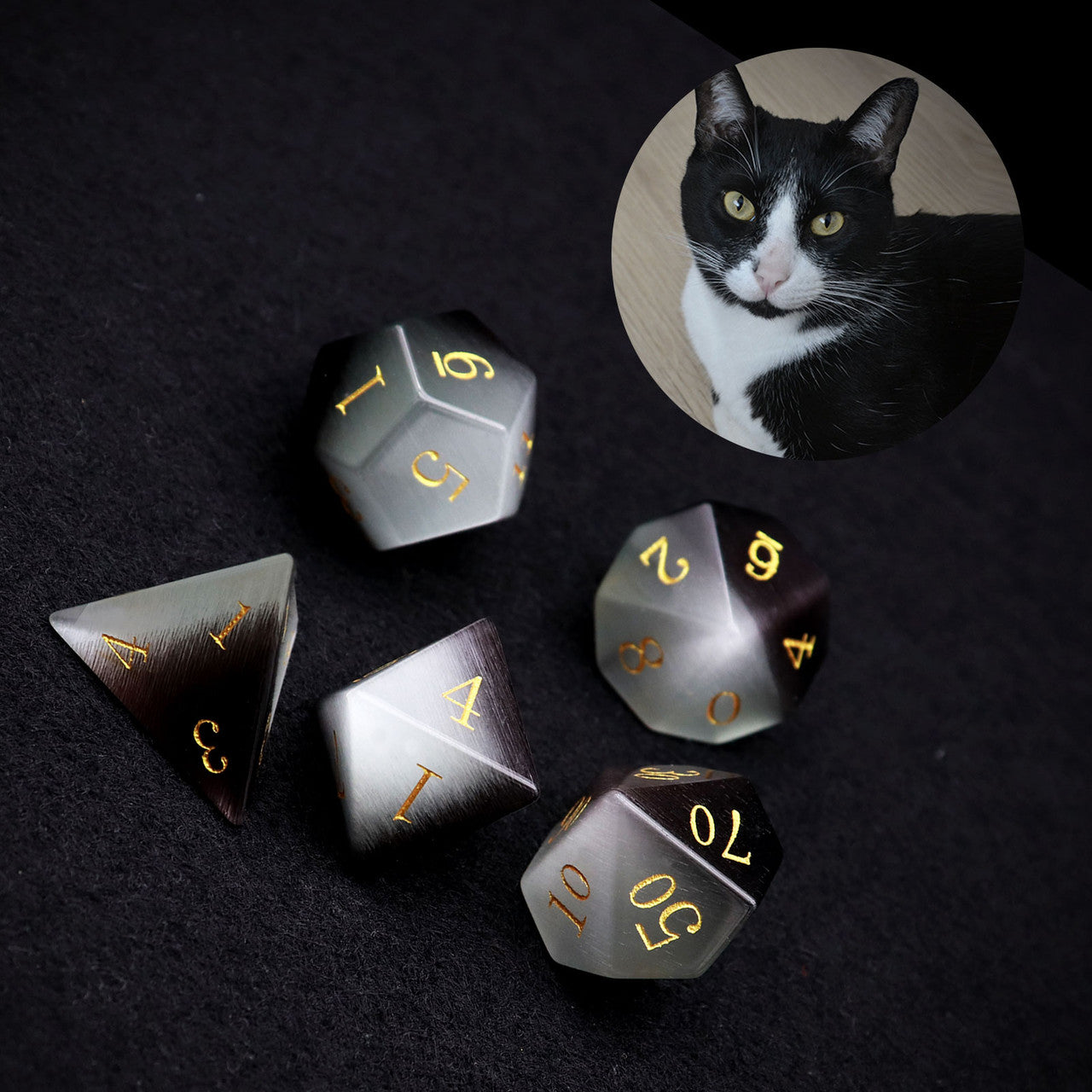 black and white cat eye stone dnd dice set gemstone