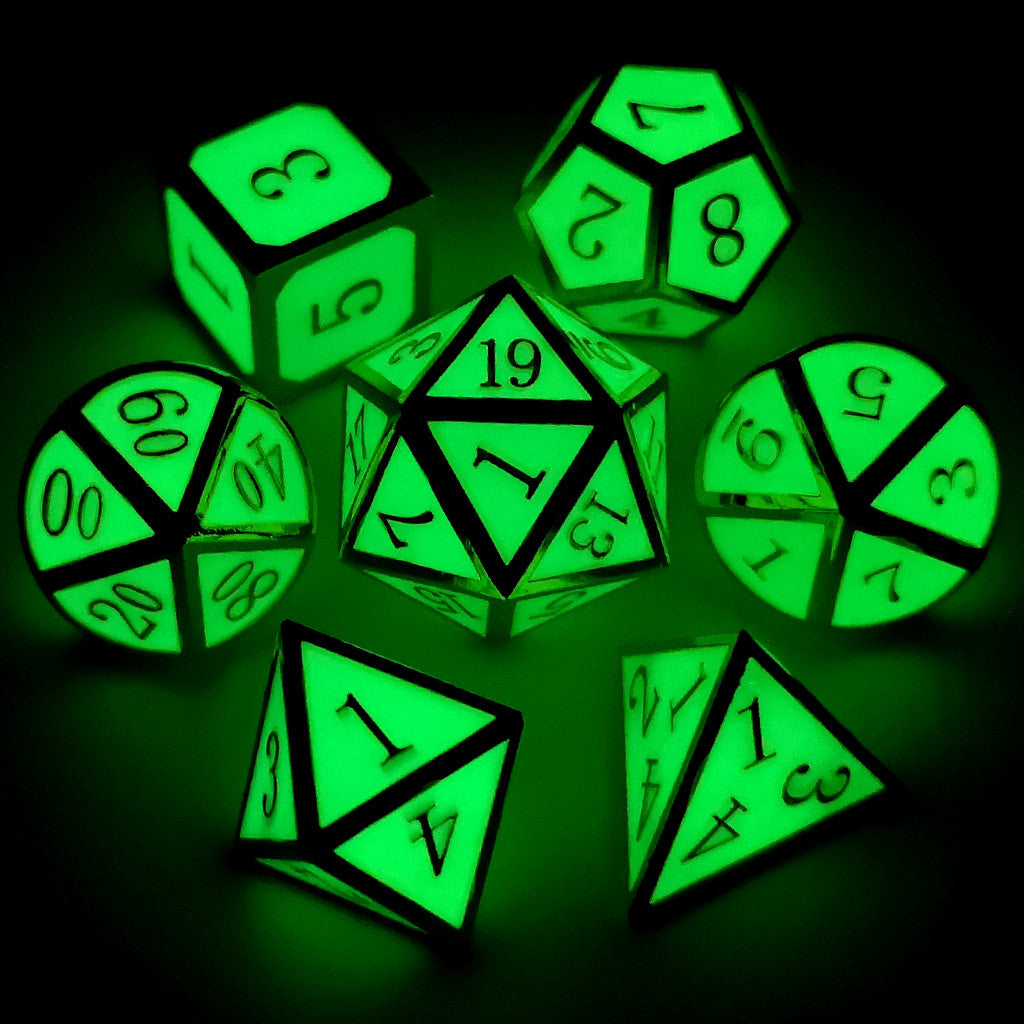 Metal dnd dice set glow in the dark gold glowing green