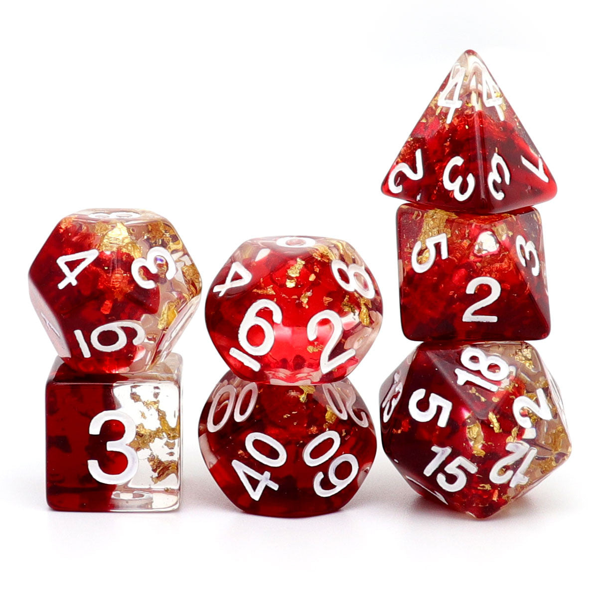 red resin dice, resin dice, dnd dice, dice set, dungeons and dragons, haxtec dice, rpg dice, red dice. gold leaf dice