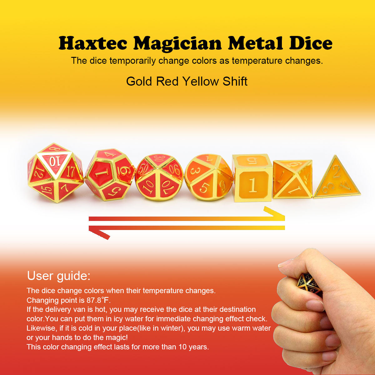 Temperature Sensitive Color Changing Metal DND Dice Set-Gold Red Yellow Shift