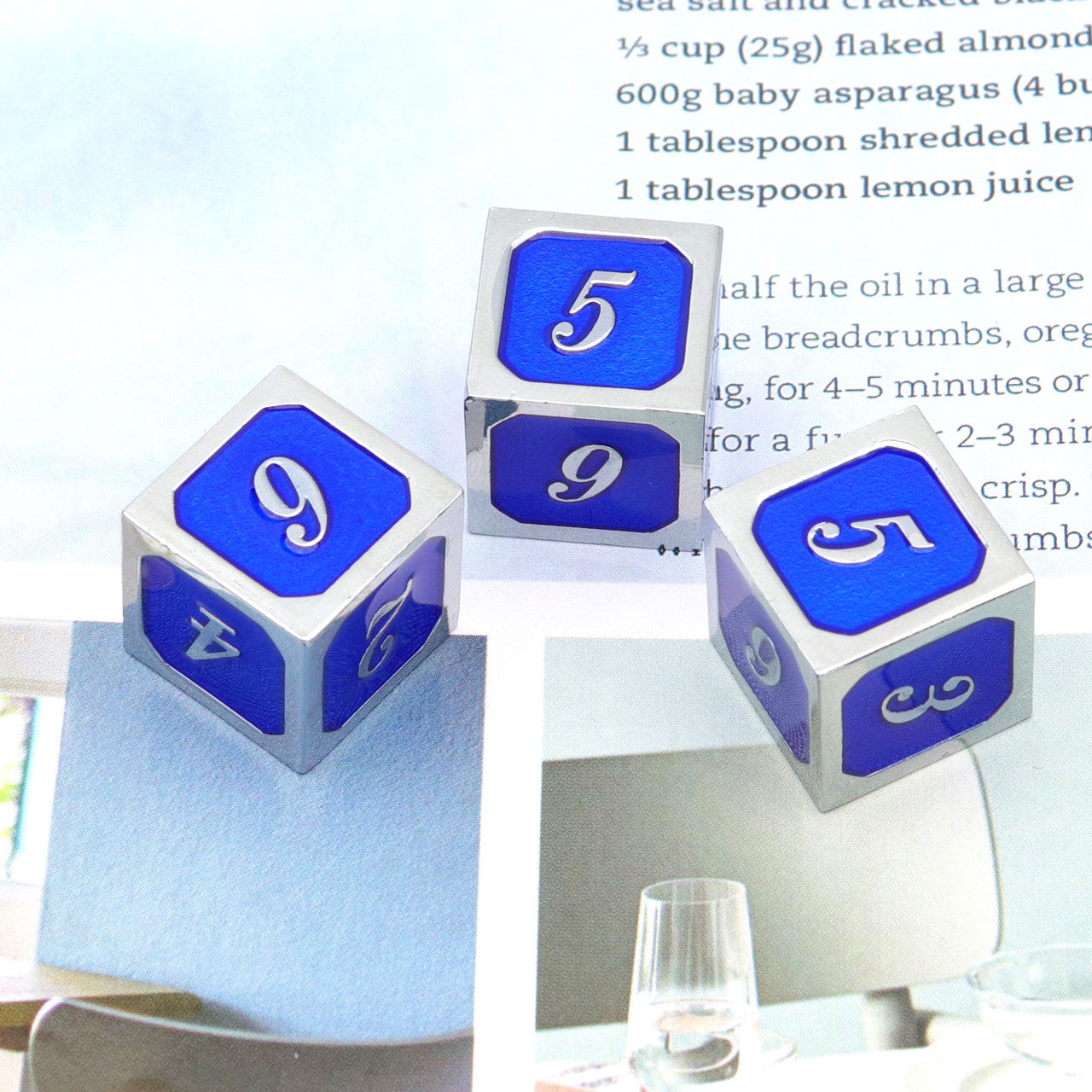 silver blue metal dice, navy blue dice, metal d6 die, haxtec dice, haxtec metal dice
