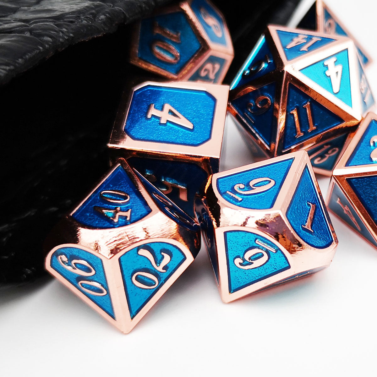 copper blue metal dice, copper metal dice, blue metal dice, polyhedral metal dice