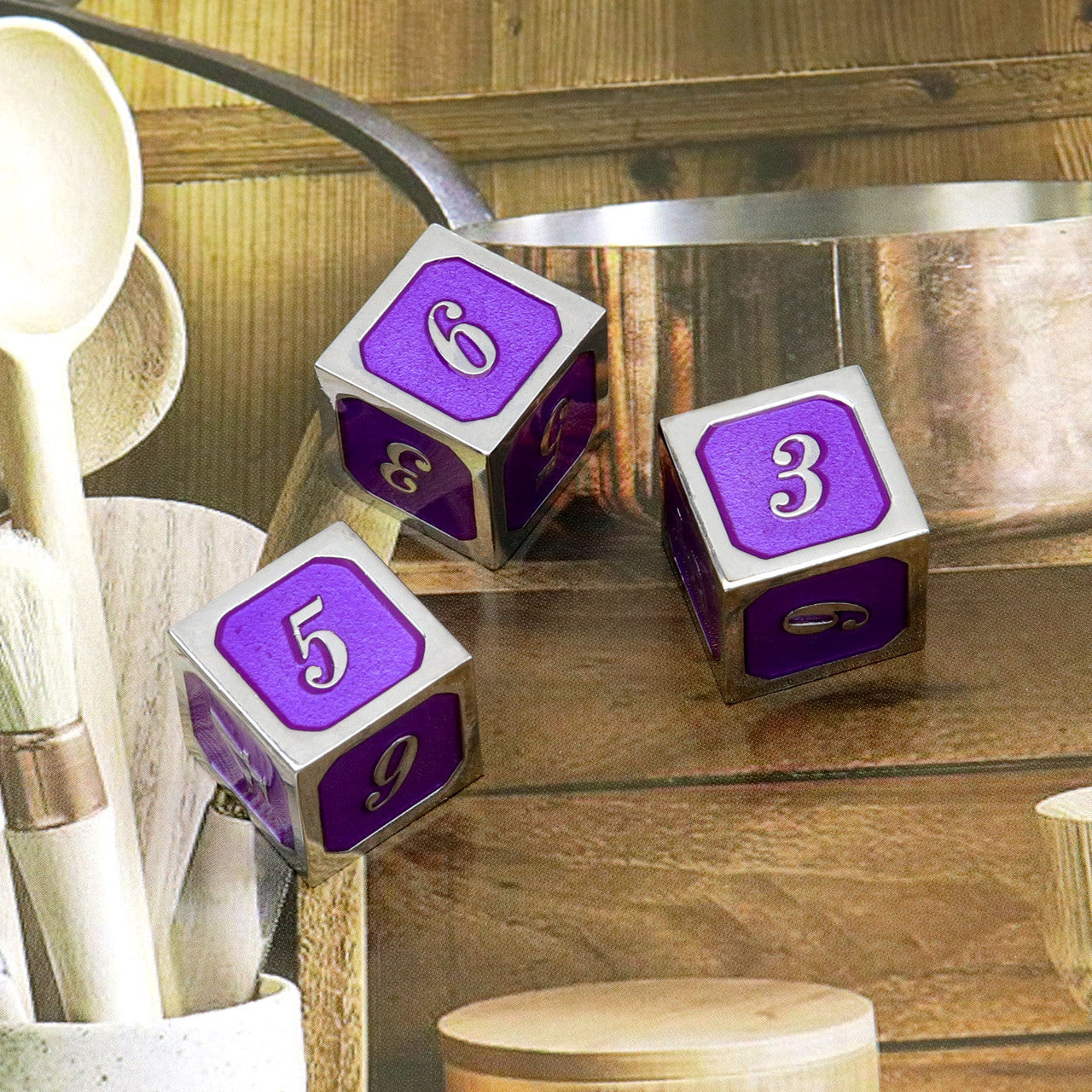 silver purple metal dice, metal d6 die, haxtec dice, haxtec metal dice