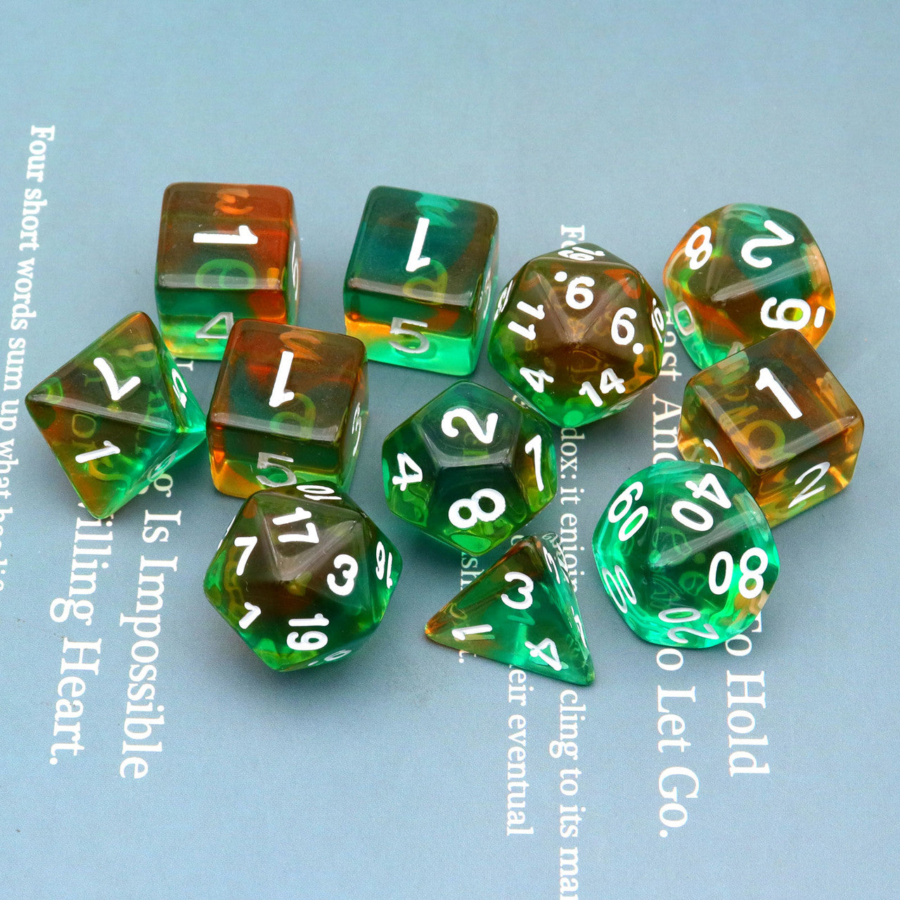 dnd dice,acrylic dice,rpg dice,green dice,dnd dice set,yellow dice,