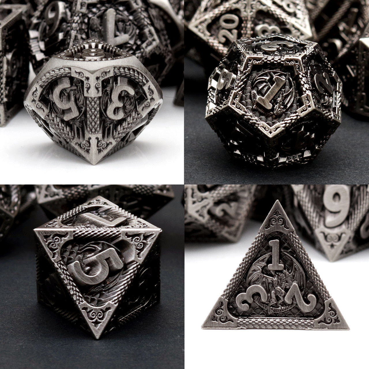 antique iron metal dnd dice set dragon pattern
