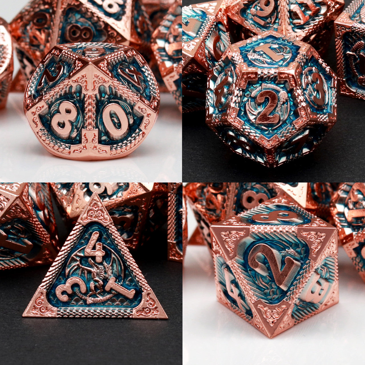 rosegold metal dnd dice set blue dragon pattern dnd dice
