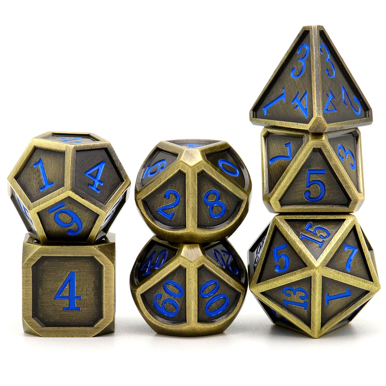Haxtec Classic Collection Metal DND Dice-Fine Antique Bronze Blue Numbers