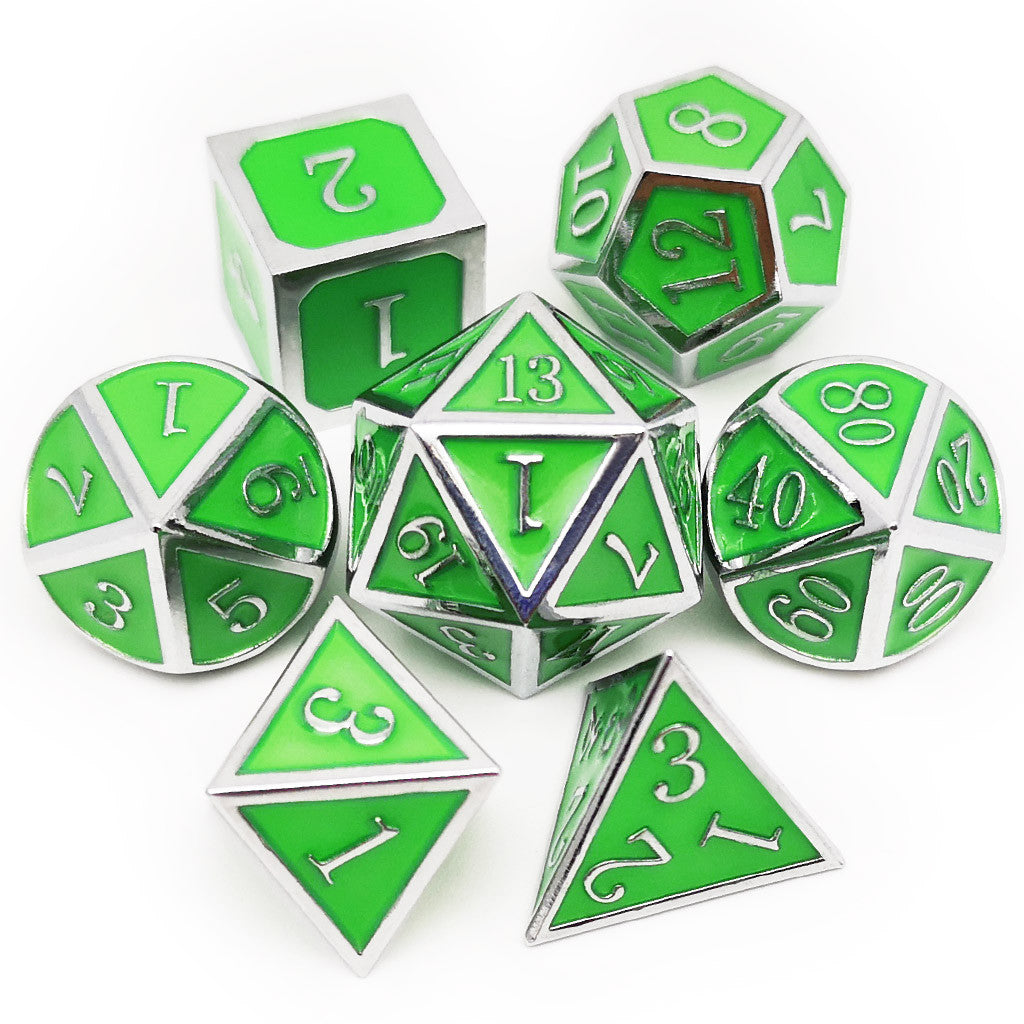 Metal dice set glow in the dark silver glowing green