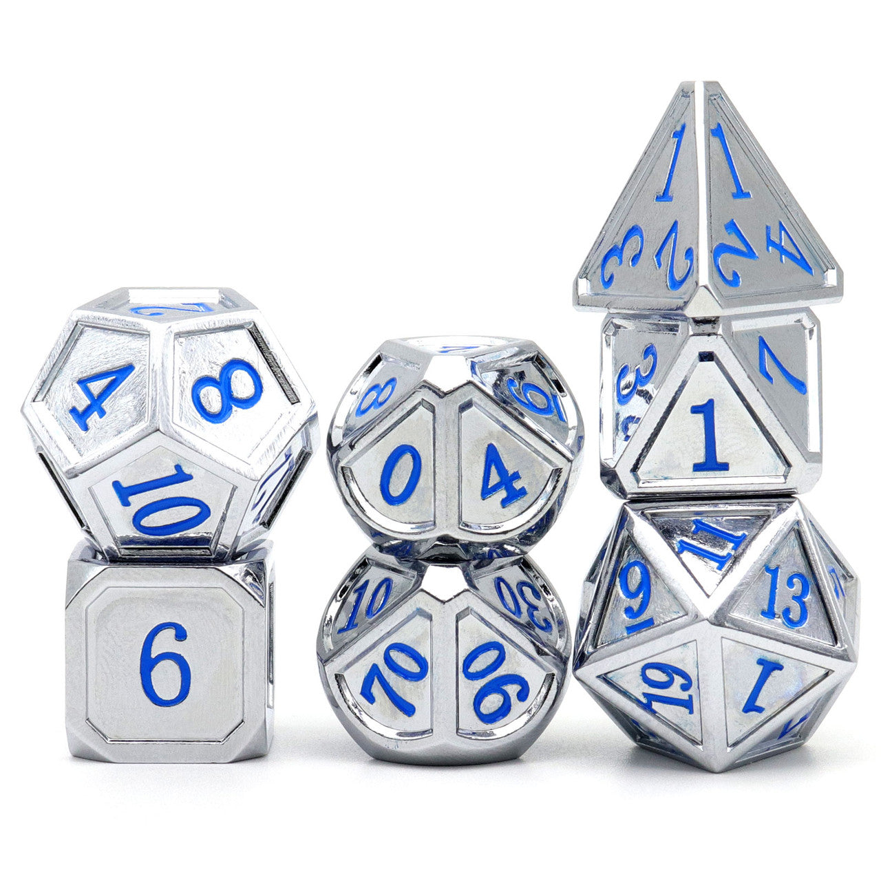 Haxtec Classic Collection Metal DND Dice-Silver Blue Numbers