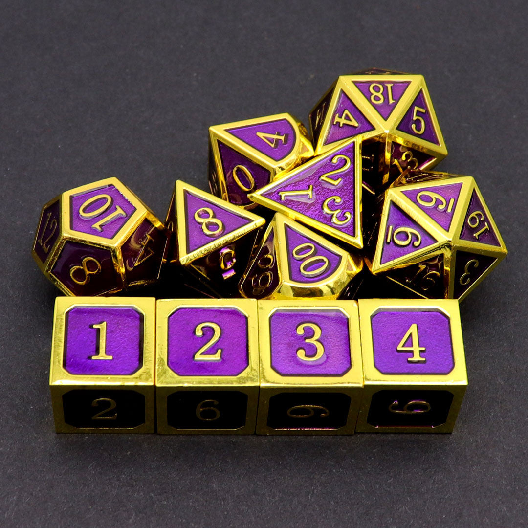 gold purple metal dice, purple metal dice, purple dnd dice, gold metal dice, gold dnd dice, rpg dice set