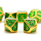 gold glitter metal dice, green glitter dice, gold metal dice, metal dnd dice, polyhedral metal dice