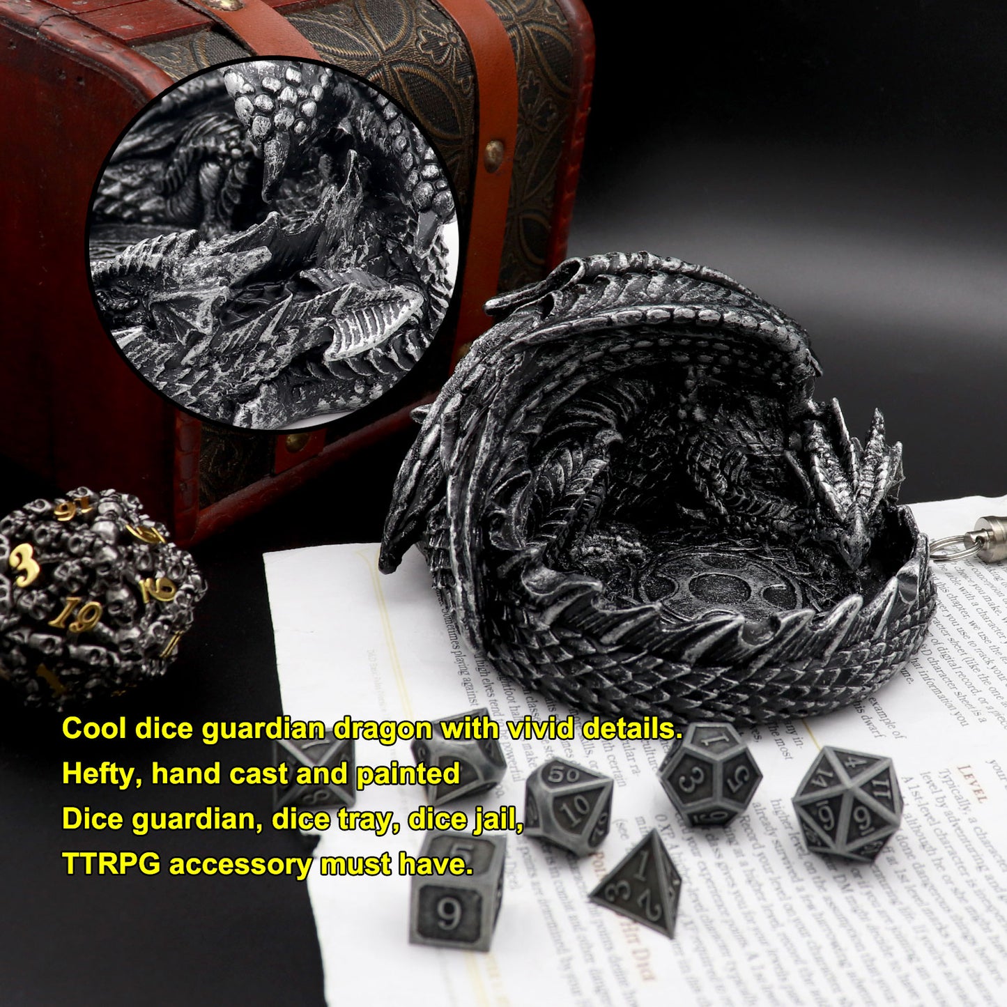 Haxtec Dragon Dice Jail Guardian DND Dice Tray Holder Dungeons and Dragons Accessories Novelty DM RPG Gift Dragon Statue Decor(Antique Silver)