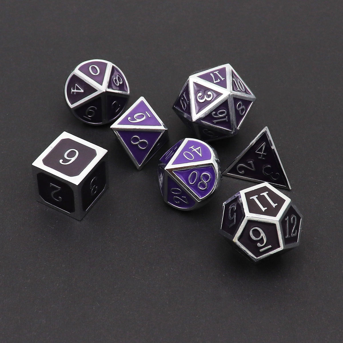 silver purple black dice, metal dice set, color changing dice