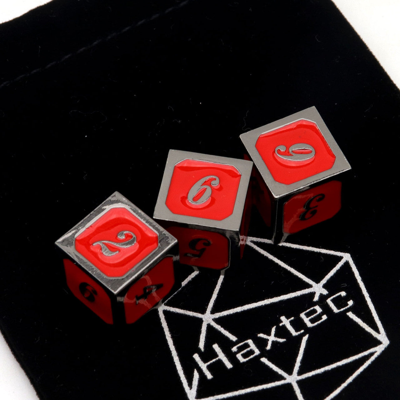 black metal dice, red metal dice, black red dice, d6, metal d6 dice, single d6, haxtec dice