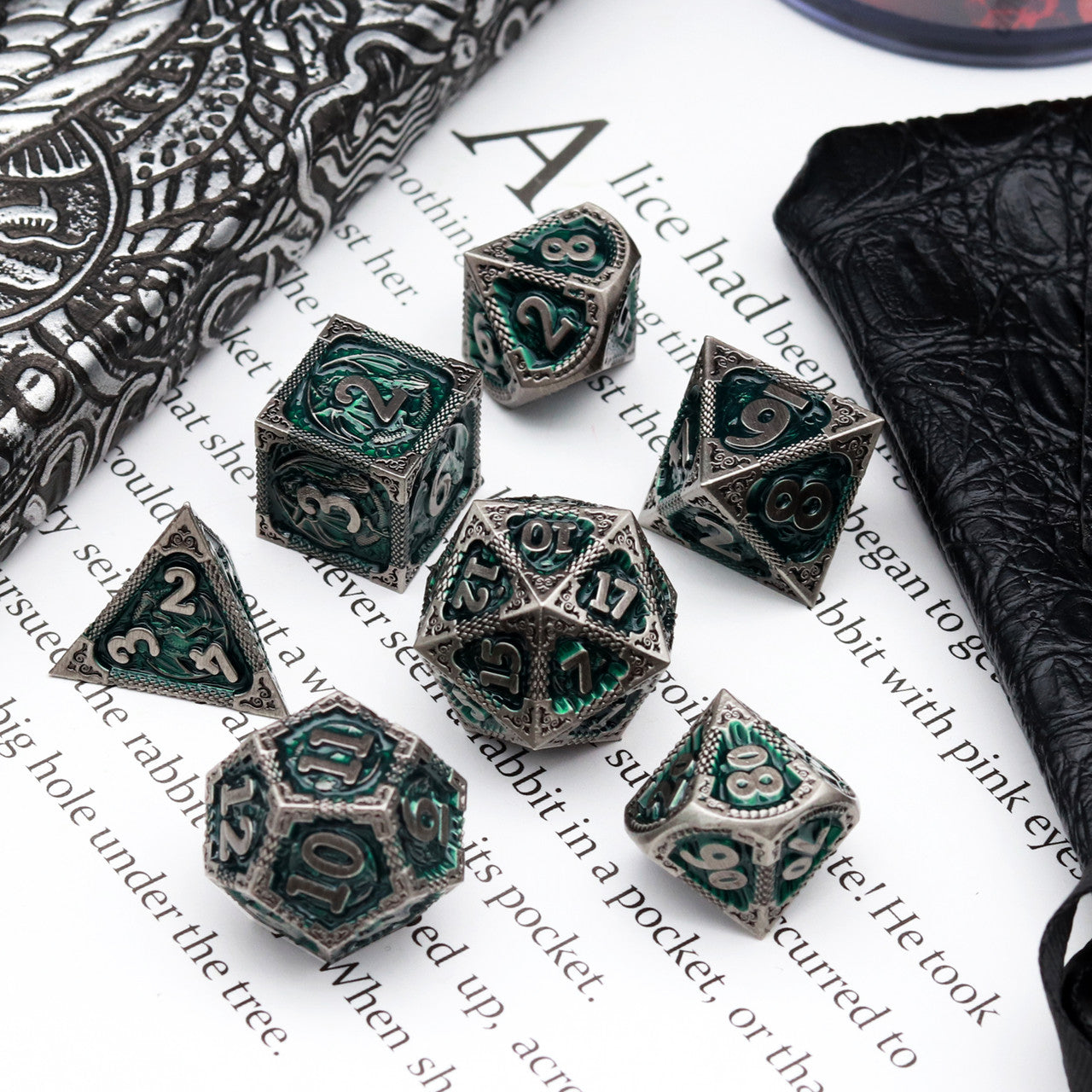 Haxtec Fire-breathing Dragon Pattern Green Metal DND Dice Set With Leather Dice Bag for Dungoens and Dragons RPG Gifts-Antique Iron Green