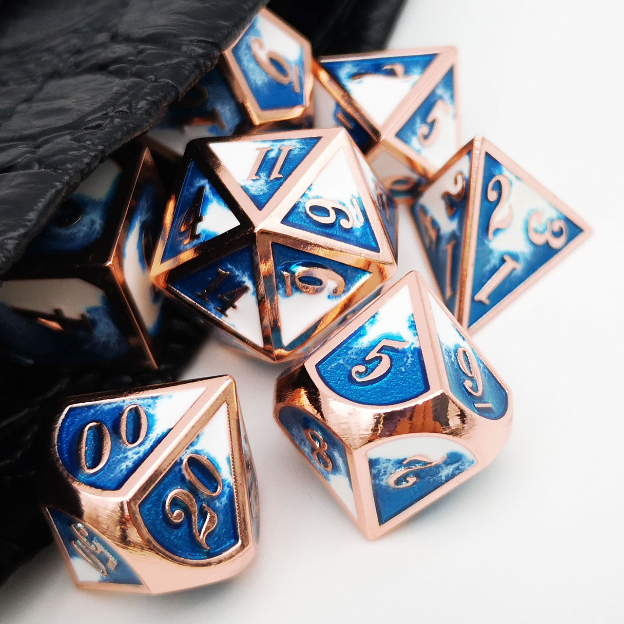 copper dice, ice dice, rosegold dice, blue and white dice, blue dice, white dice