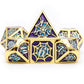 gold blue purple dice, dnd dice, gold dice, gold metal dice, purple blue dice, net dice, spider dice