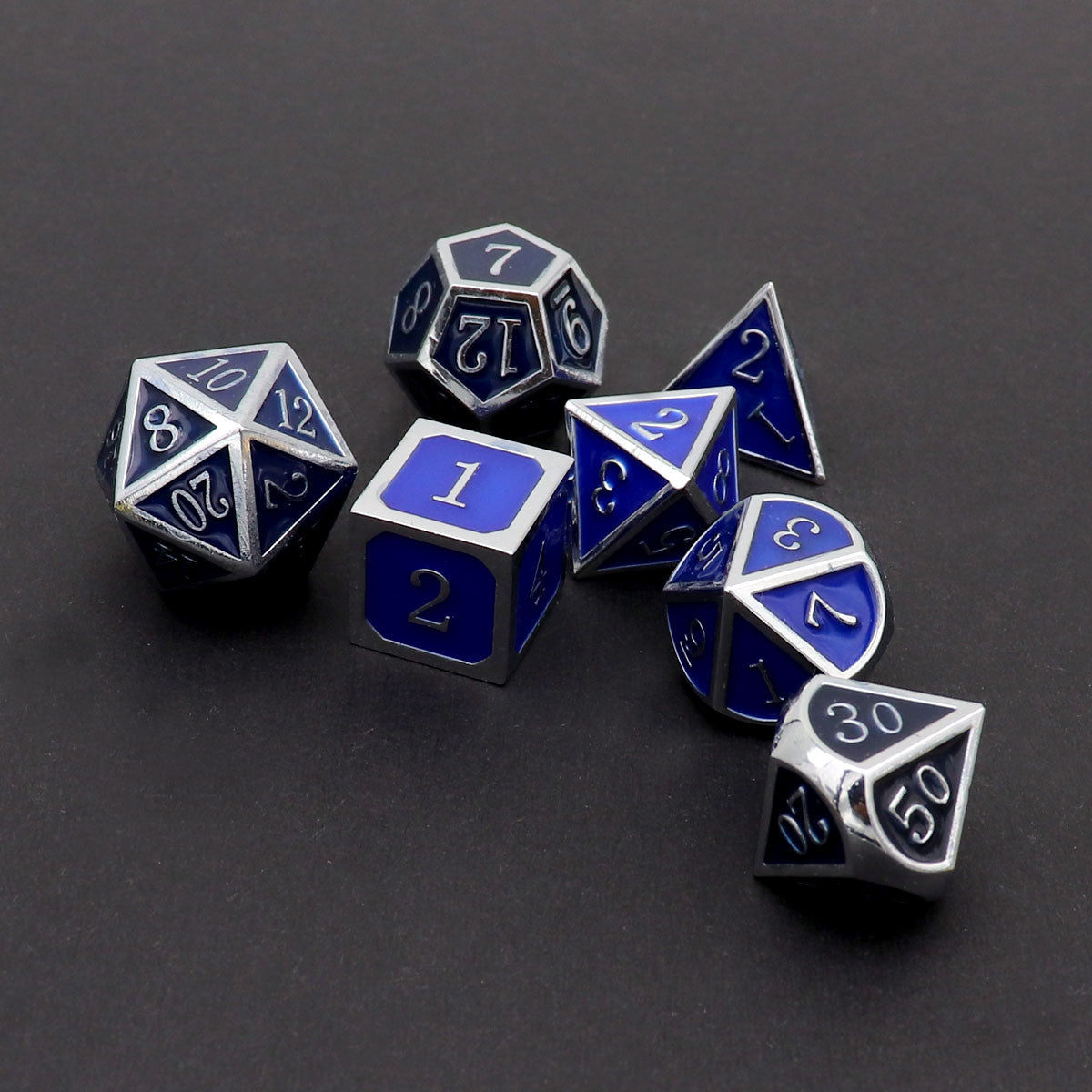silver black blue dice, metal dice, black blue dice, silver metal dice, color changing dice, metal dice, temperature dice