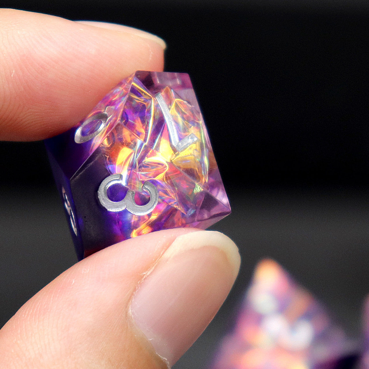 purple clear mylar inclusion sharp edge dice set with dice vault