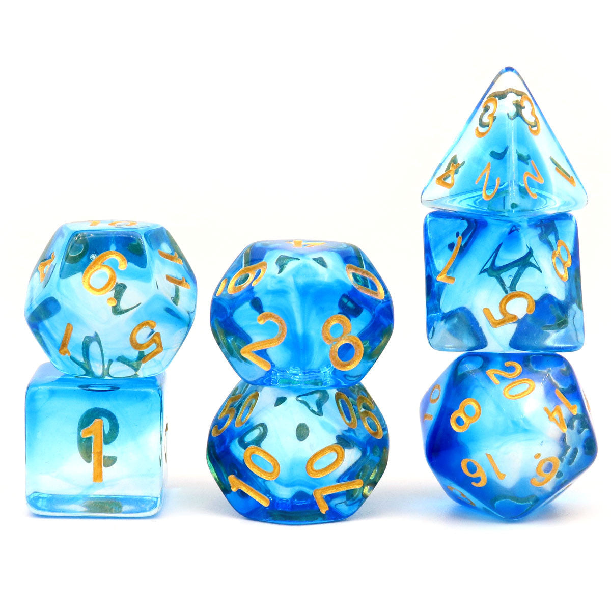 blue dice, clear dice, dnd dice, rpg dice, polyhedral dice, translucent dice, vapor dice, wisp dice, ink dice, swirl dice