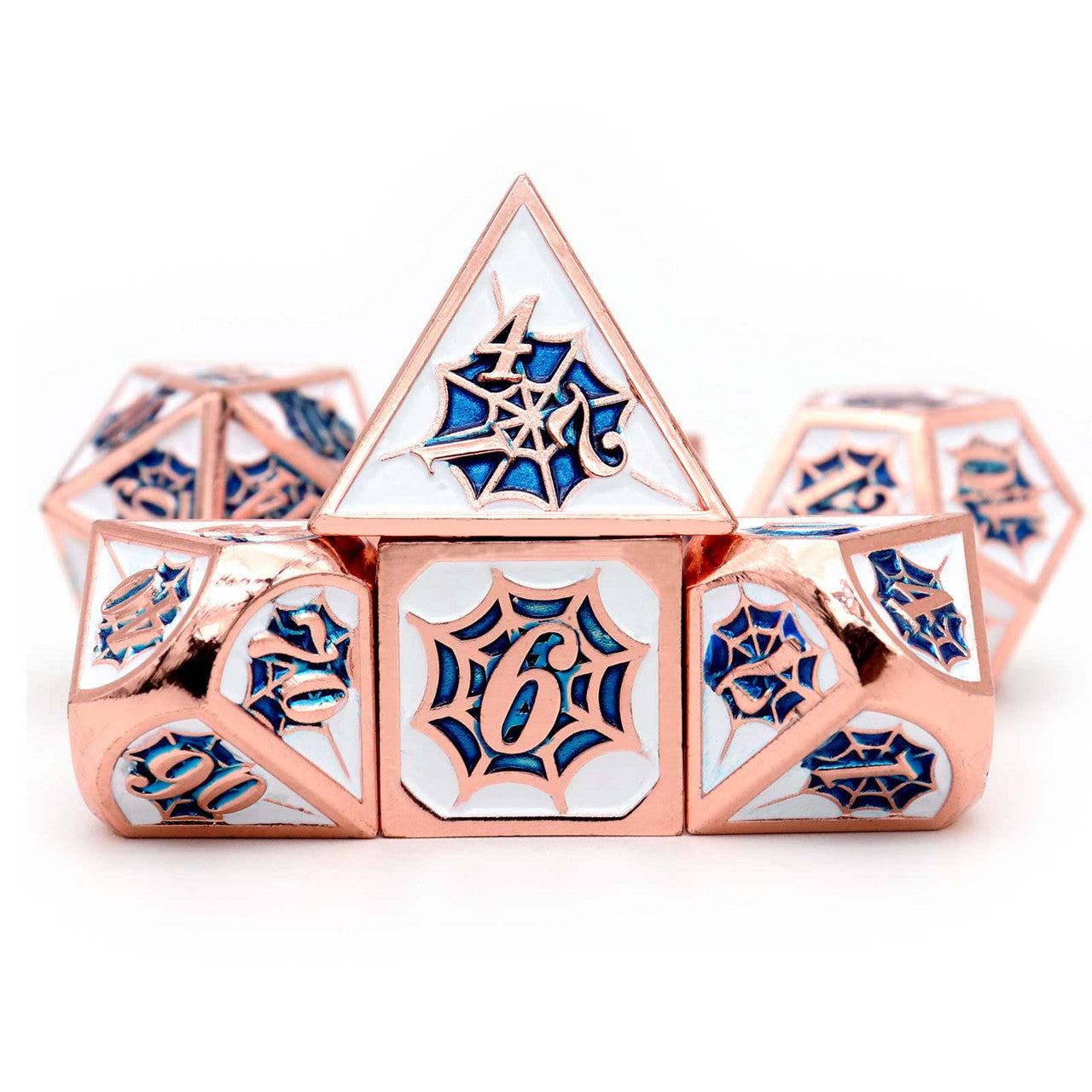 copper blue white dice, copper dice, copper metal dice, blue white dice, dnd dice, net dice, spider dice