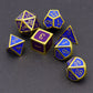 gold purple blue dice, color changing dice, haxtec dice, heat sensitive dice, gold metal dice, purple blue dice, rpg dice, dnd dice, dice set.