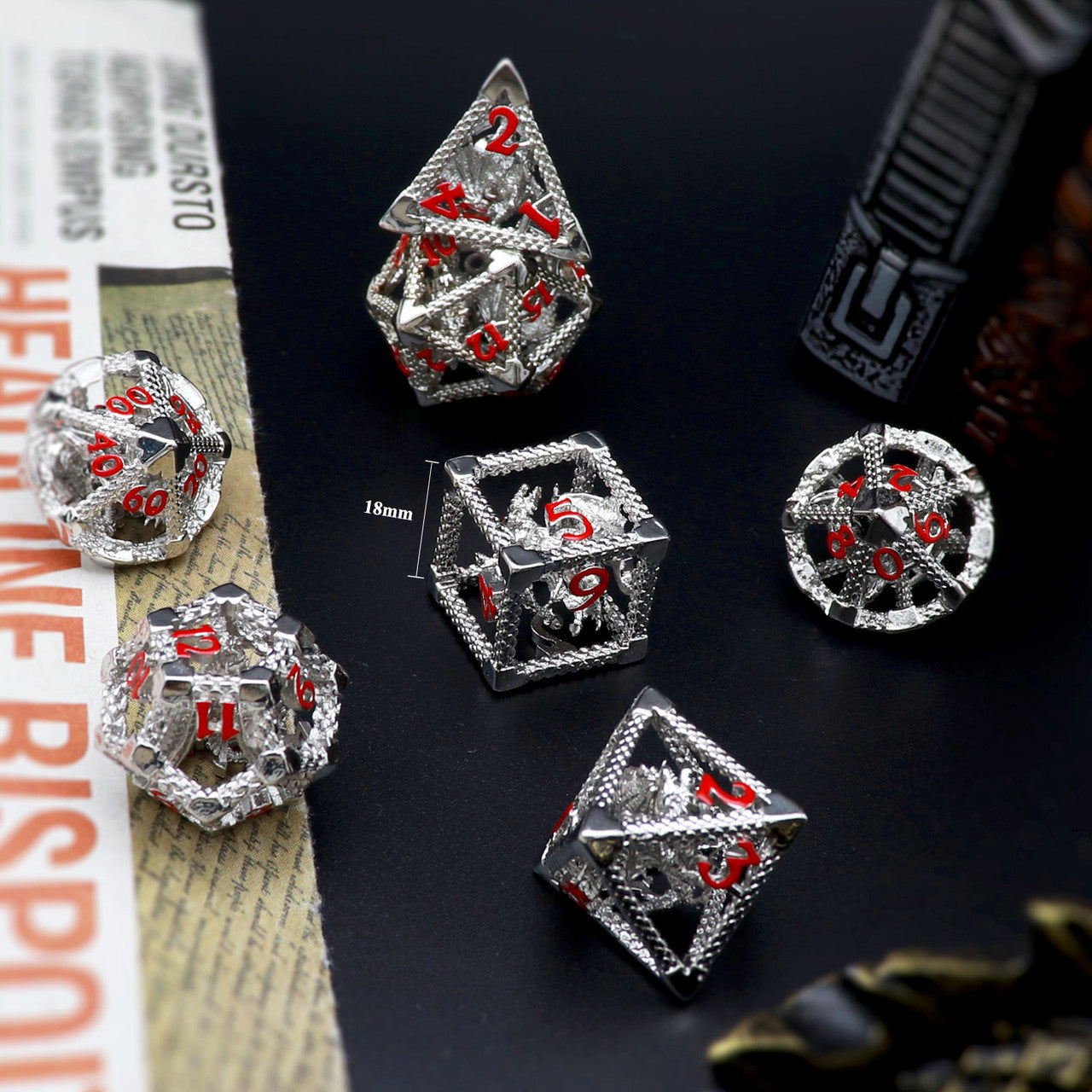 haxtec silver red hollow metal dice set dnd bahamut