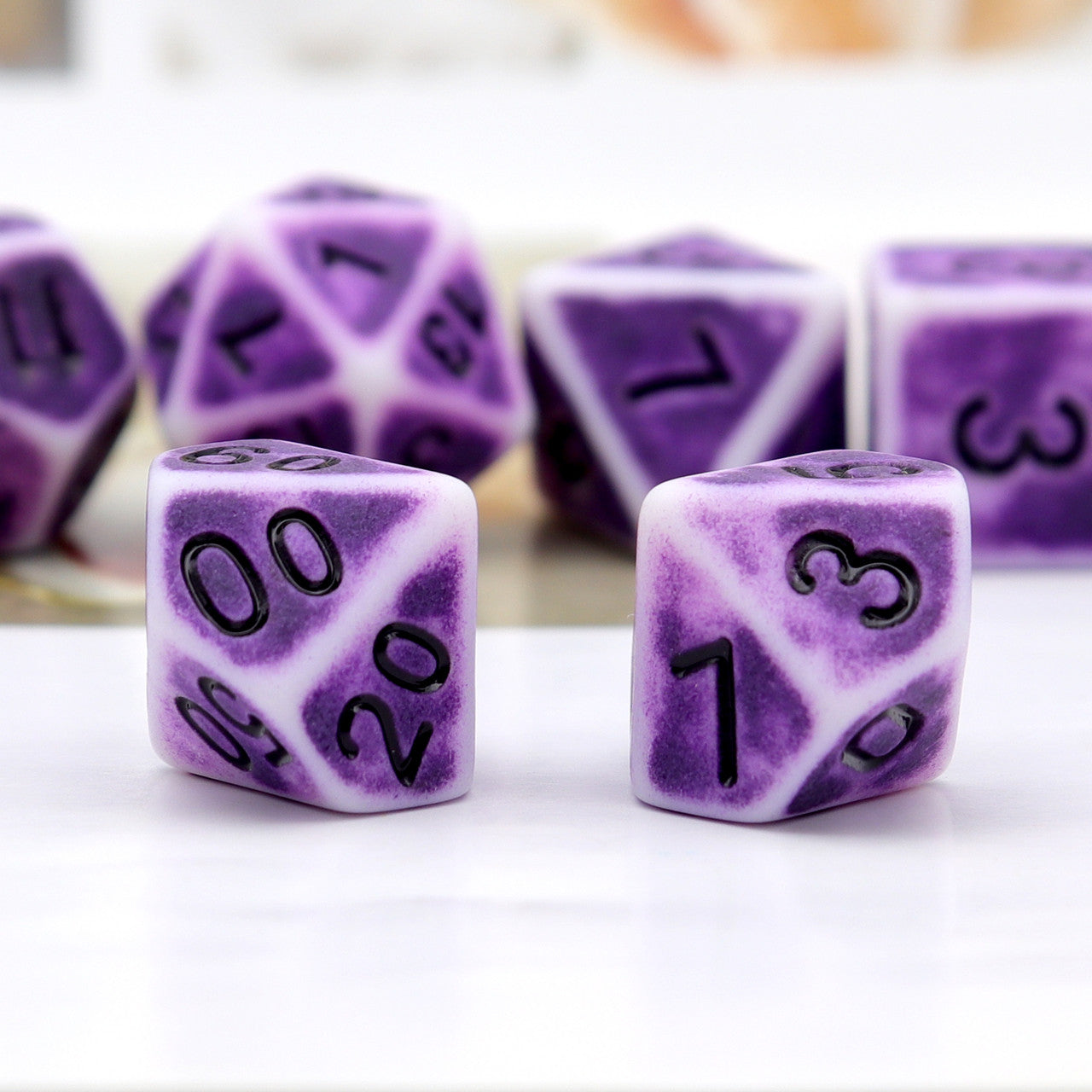 antique dice, ancient dice, purple dice, rpg dice, bone dice, polyhedral dice, dice set, dnd dice