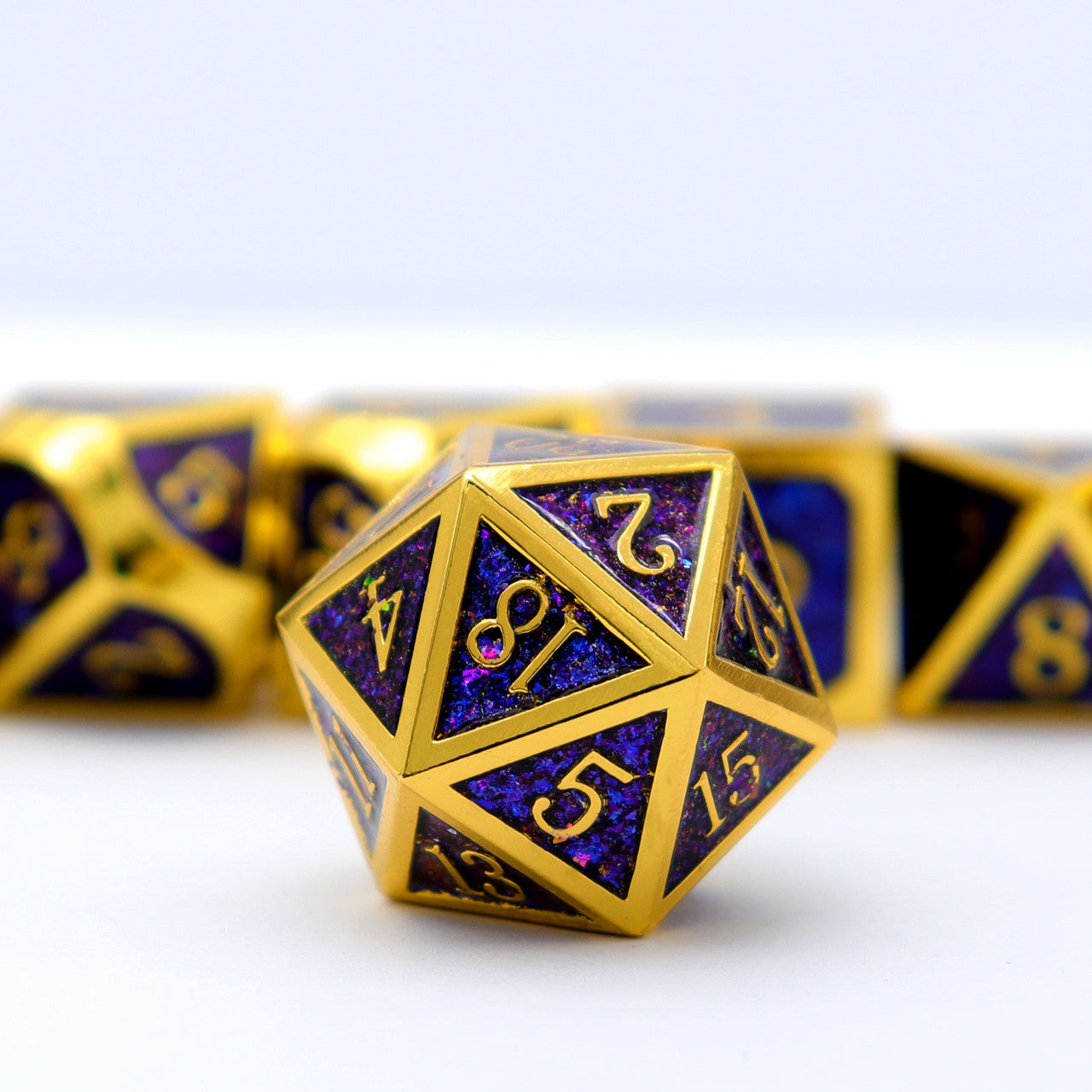 gold metal dice, glitter metal dice , blue glitter dice, haxtec metal dice, blue purple glitter dice, rpg dice , polyhedral metal dice