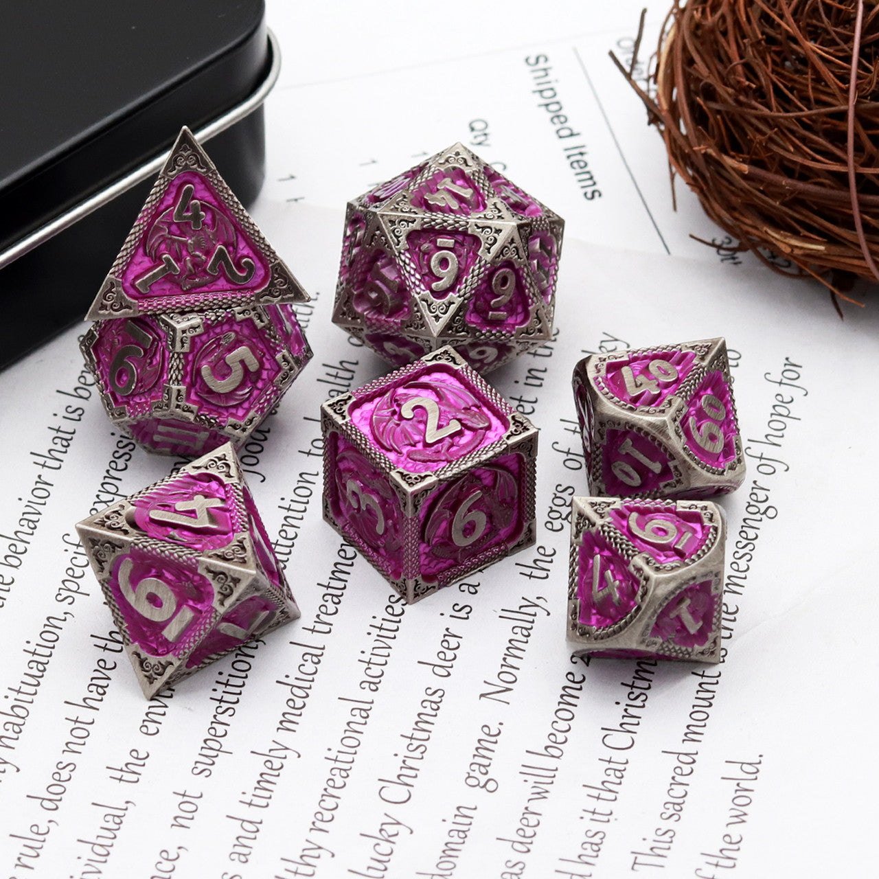 antique iron purple metal dnd dice set dragon pattern