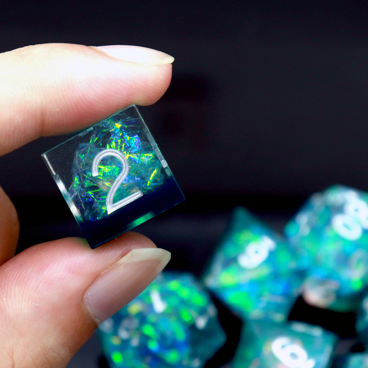 green sharp edged dnd dice set resin sharp dice with iridescent inclusion
