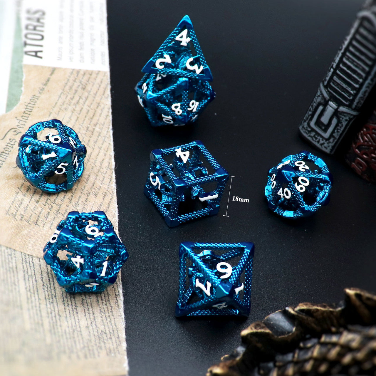 Haxtec Hollow Dragon Metal DND Dice Set With Leather Dice Bag for Dungoens and Dragons RPG Gift Blue Dragon