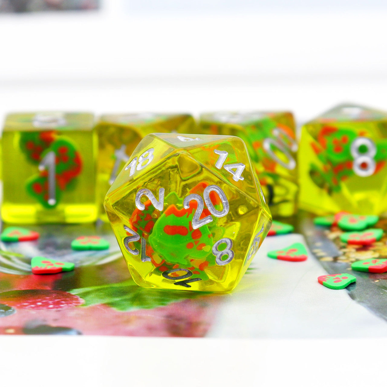 red green dice, yellow dice, olive dice, dnd die, rpg dice, resin dice, filled dice, filled resin dice, dice set, dnd dice set, rpg dice set, haxtec dice, ghost face dice, ghost dice, halloween dice, spirit dice