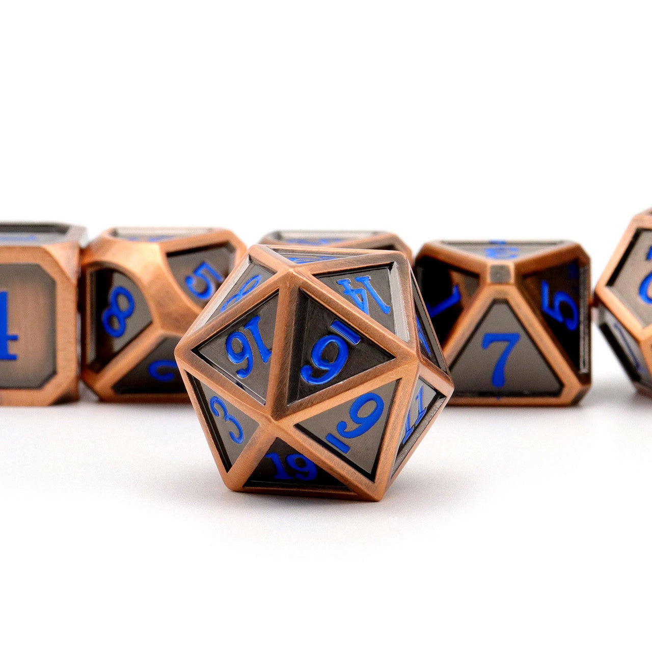Haxtec Classic Collection Metal DND Dice-Fine Antique Copper Blue Numbers