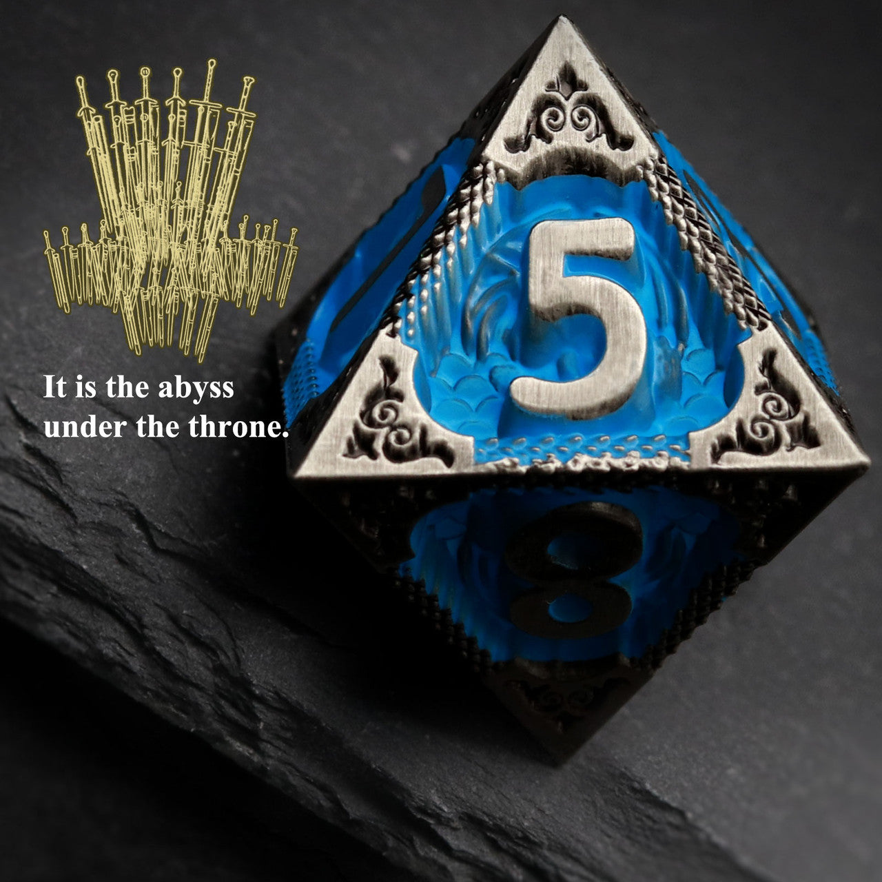 black blue metal dnd dice set with dragon leather dice bag