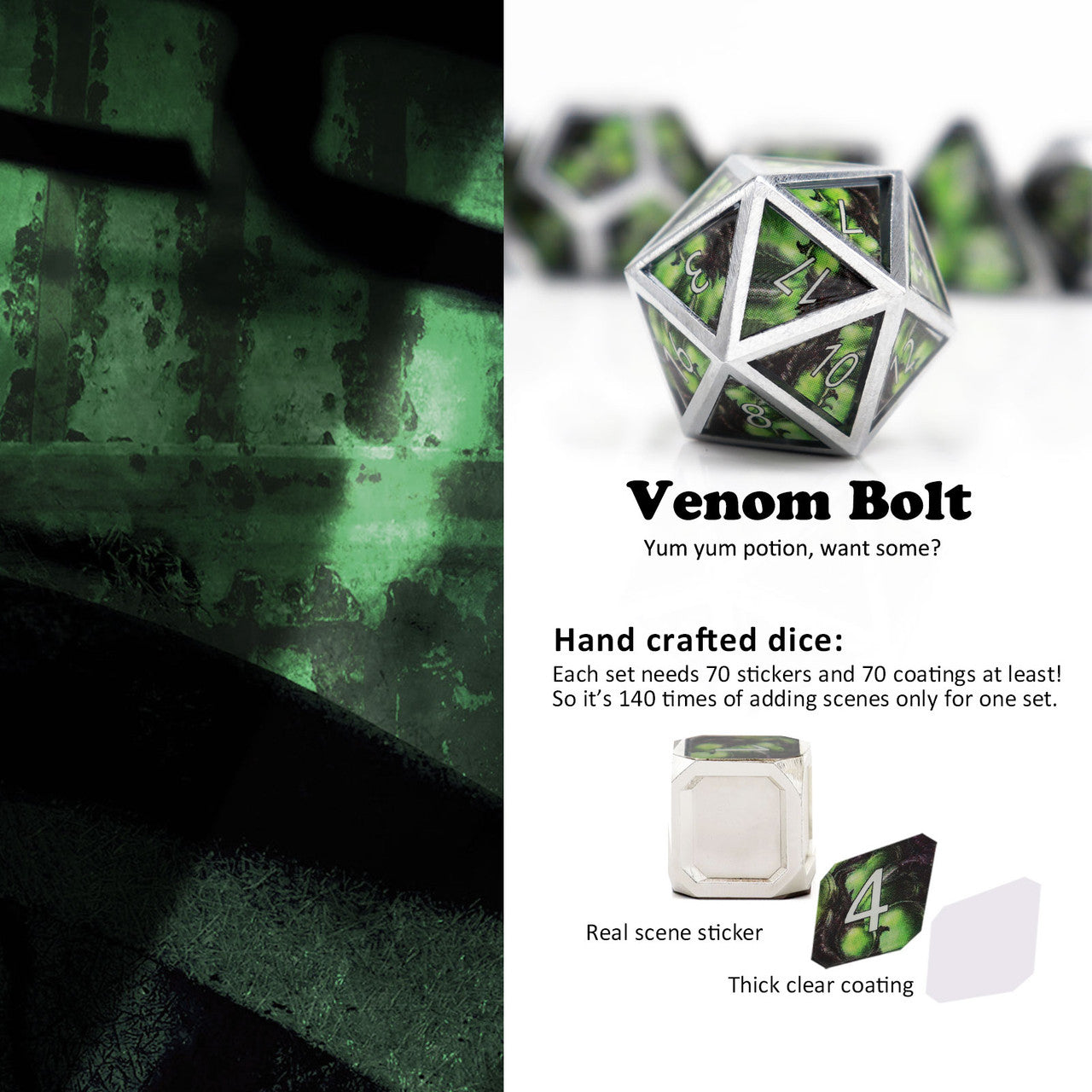 silver green metal dnd dice set spell real scene venom bolt snake poision dnd 5e