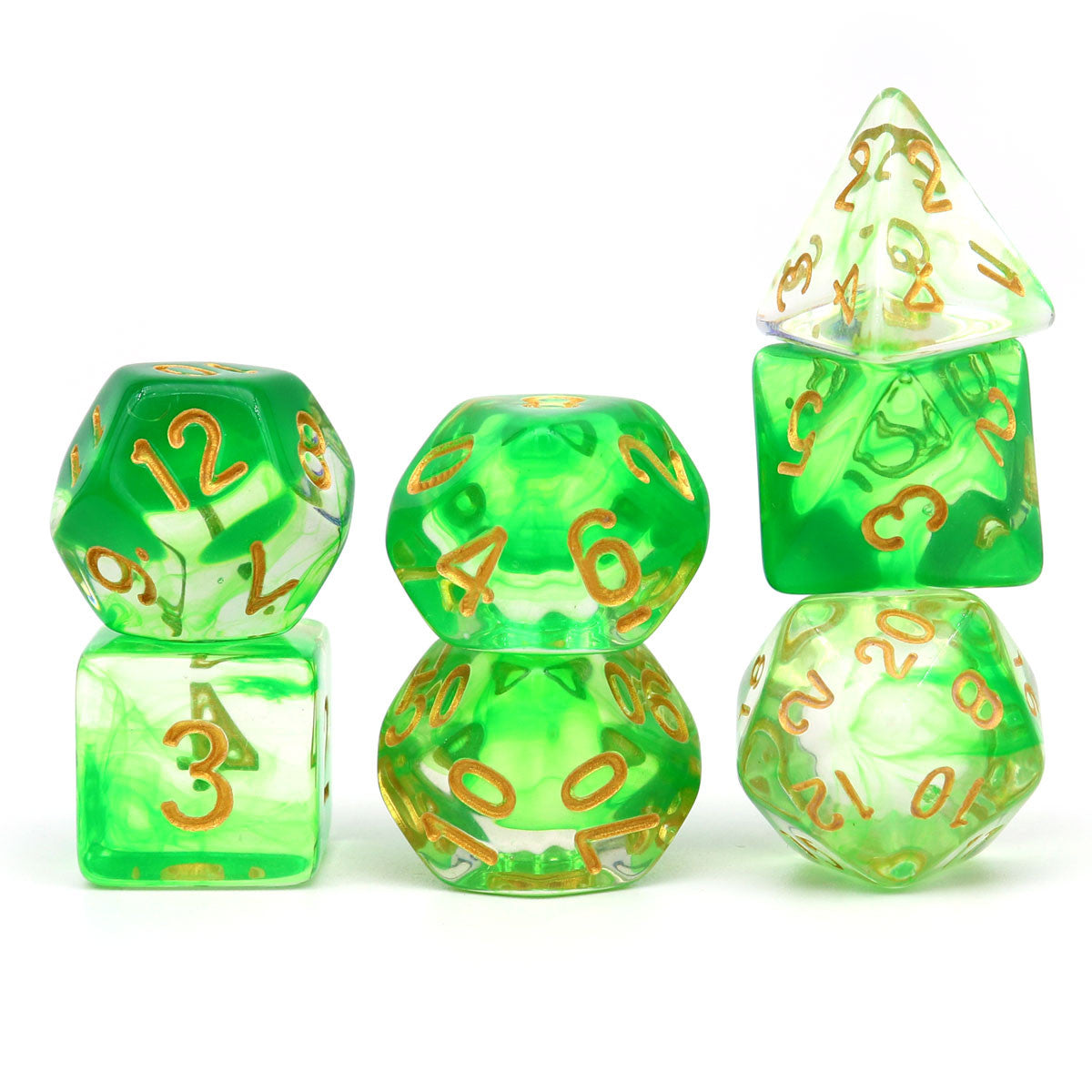 green dice, vapor dice, wisp dice, ink dice clear dice, swirl dice, dnd dice, rpg dice, polyhedral dice