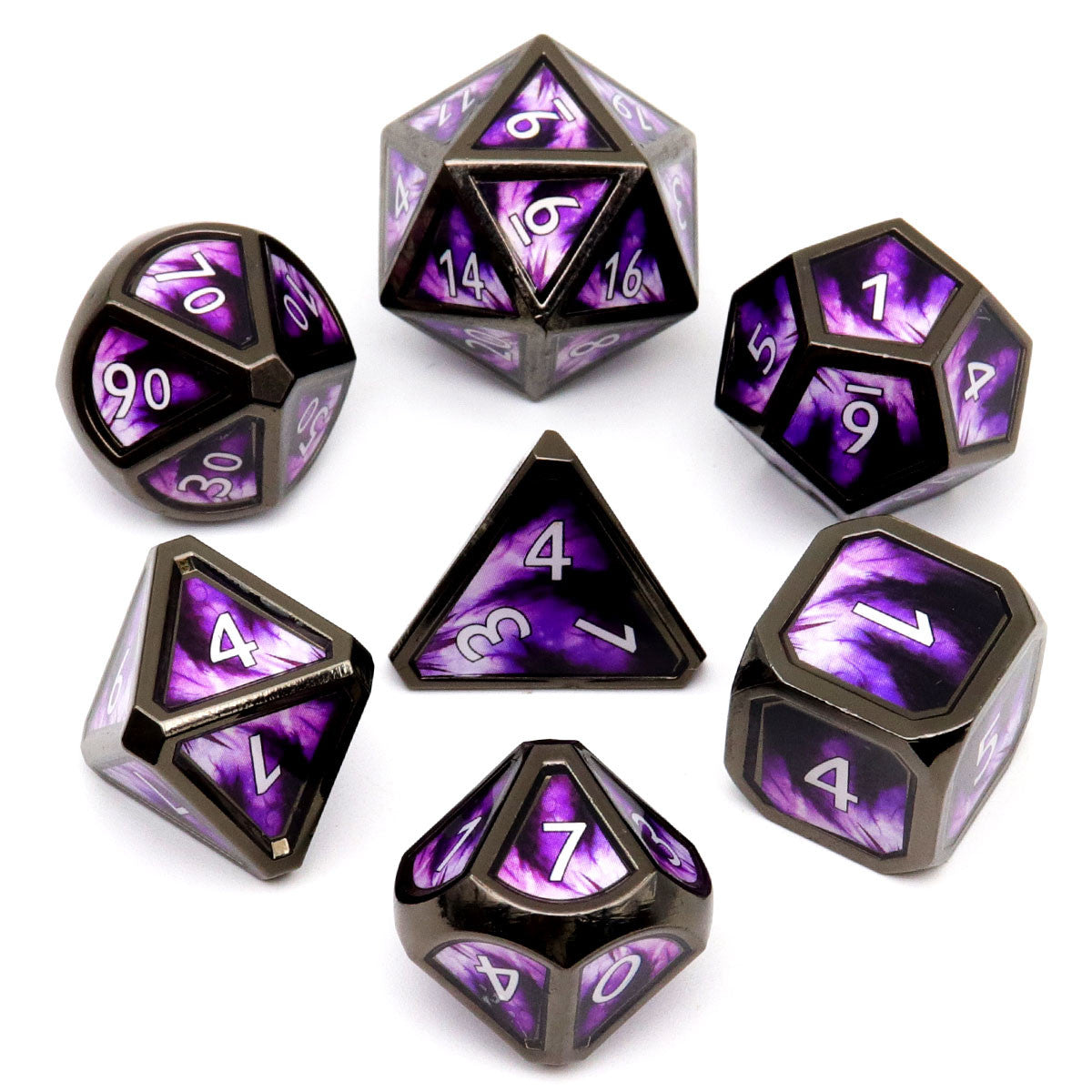 purple dnd dice, metal dnd dice, metal dice, real scene dice