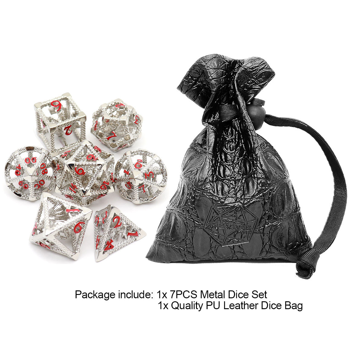 Haxtec Hollow Dragon Metal DND Dice Set With Leather Dice Bag for Dungoens and Dragons RPG Gift Silver Red Bahamut Dragon